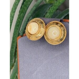 Vintage Monet Gold Cabochon Clip Earrings Textured Statement 80s 90s Designer